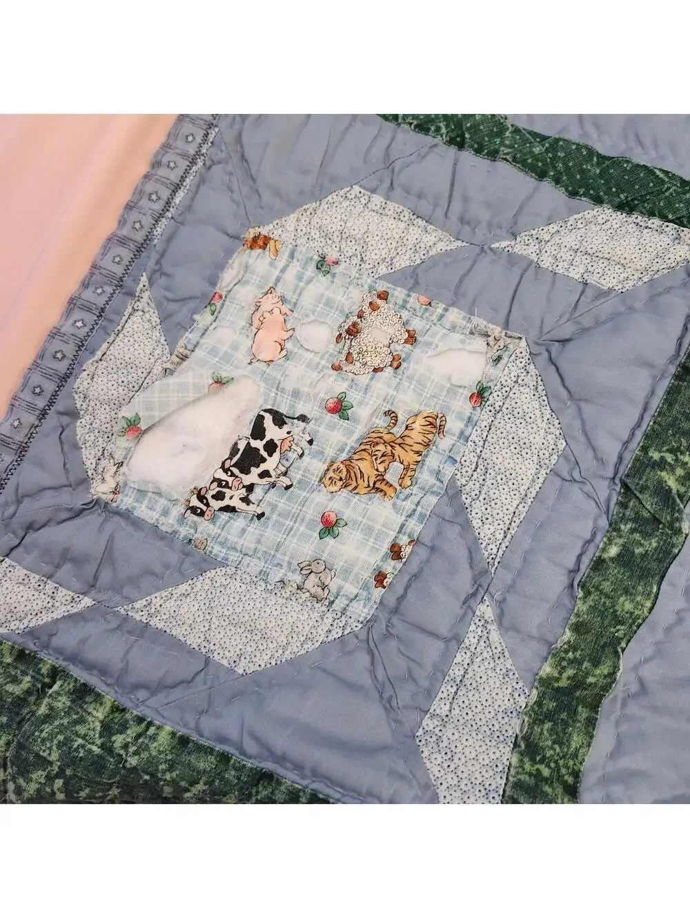 Handmade Quilt Farm Animals Print Throw Colorful Patchwork Shabby Chic Tattered